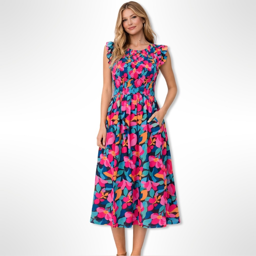 Melloday Pink Floral Smocked Back Cutout Maxi Dress with Pockets Size Large